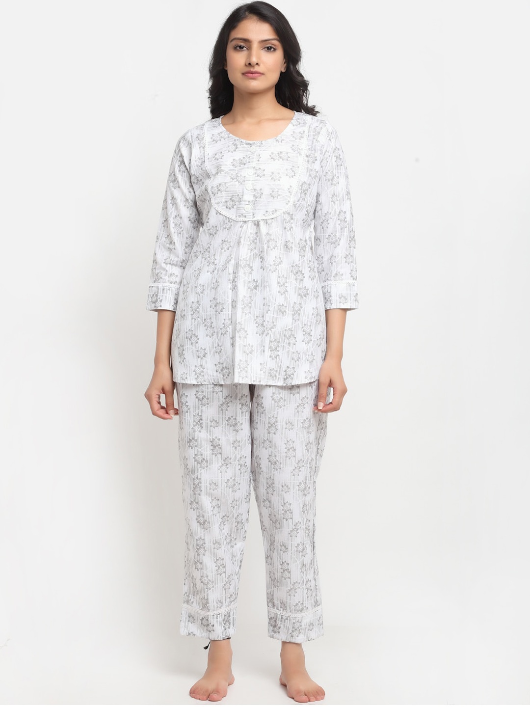 

Aujjessa Women White & Grey Printed Night suit