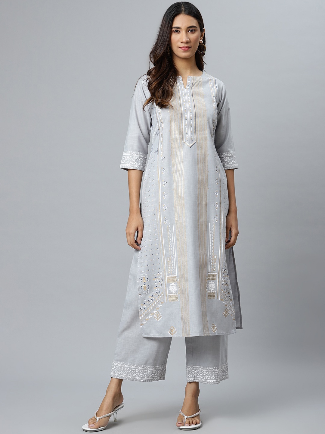 

Gerua By Libas Women Cotton Grey Printed Straight Calf Length Kurta