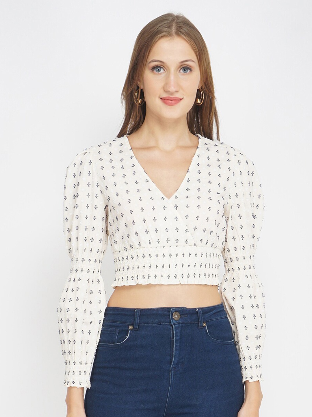 

Oxolloxo Women White Printed Geometric Crop Top