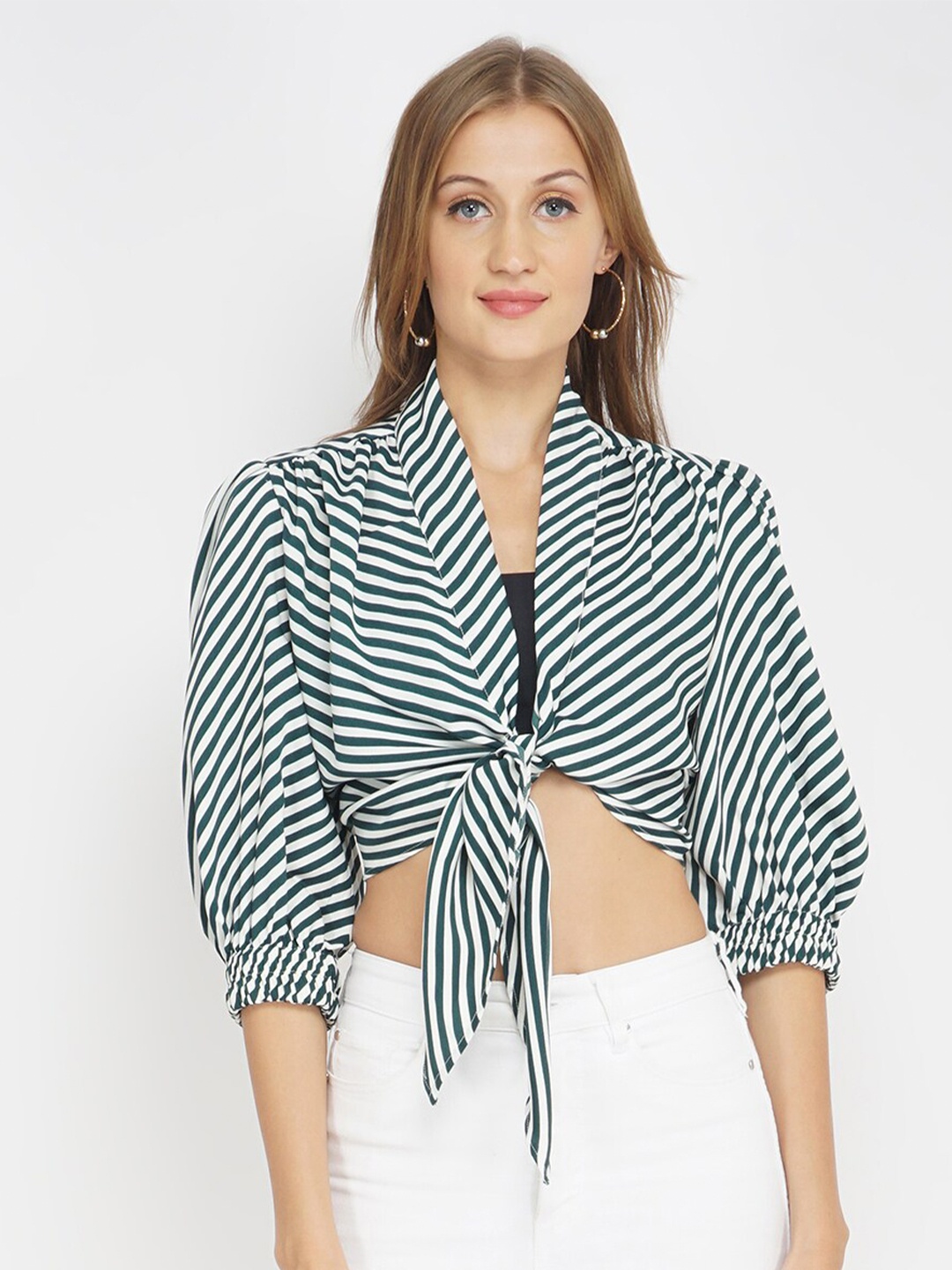 

Oxolloxo Green & Off White Striped Tie-Up Neck Puff Sleeve Regular Crop Top