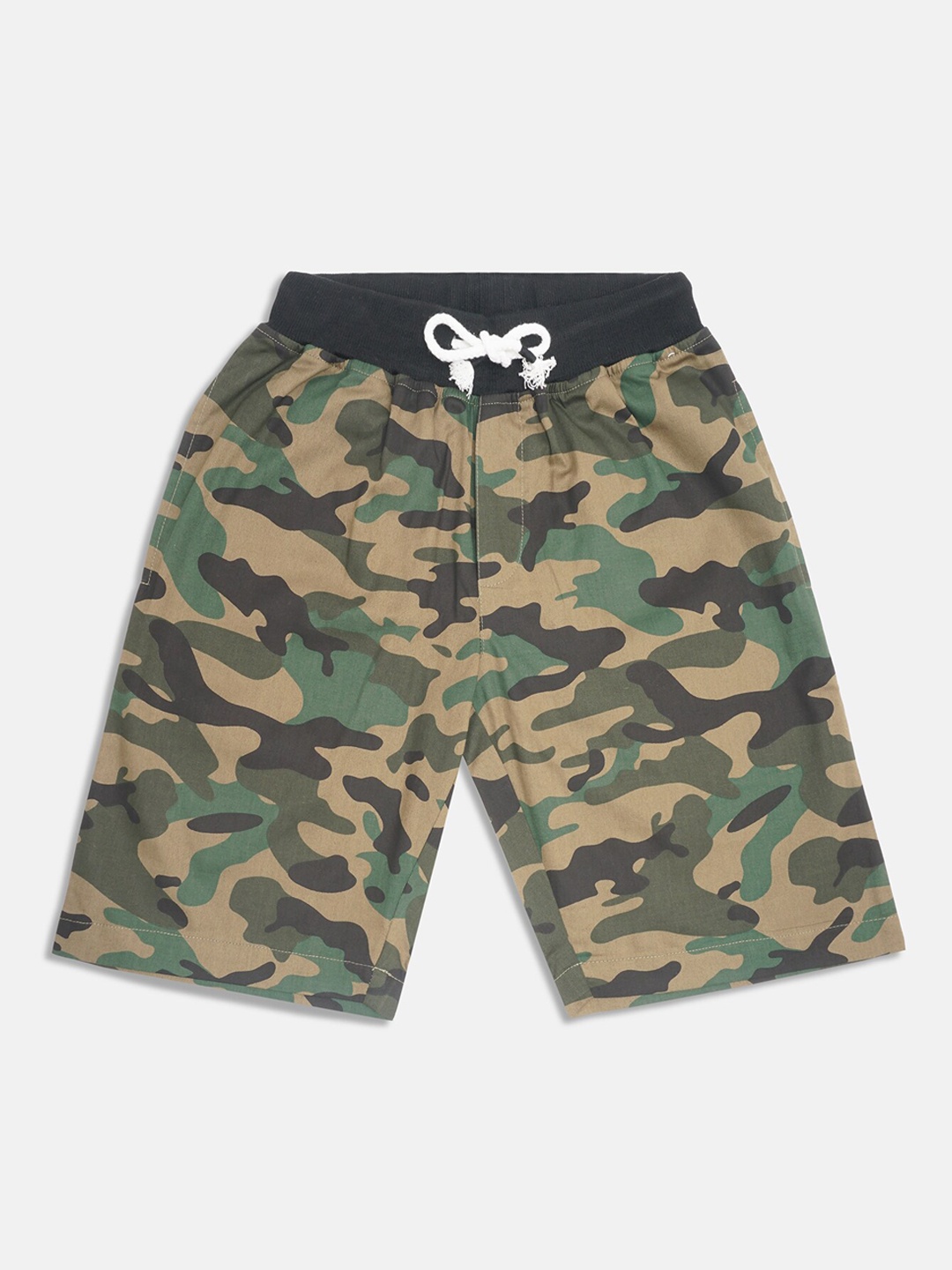 

Lil Tomatoes Boys Olive Green Camouflage Printed Mid-Rise Regular Shorts With Pen