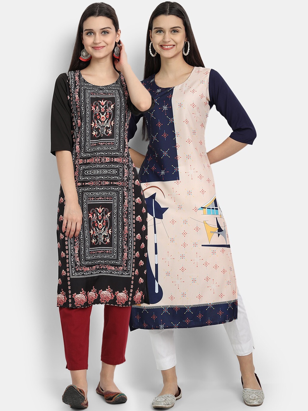 

Ethnic basket Women Pack Of 2 Black & Blue Ethnic Motifs Printed Crepe Kurtas