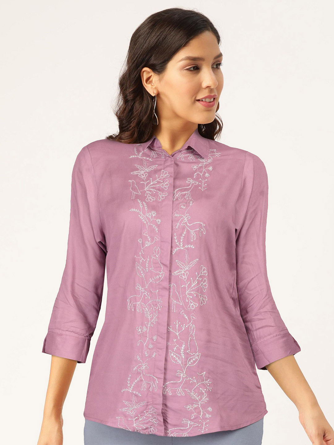 

FLAVIDO Women Lavender-Colored Embroidered Straight Kurti