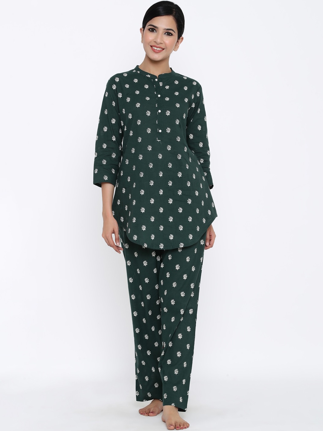 

kipek Women Green & White Floral Printed Pure Cotton Night suit