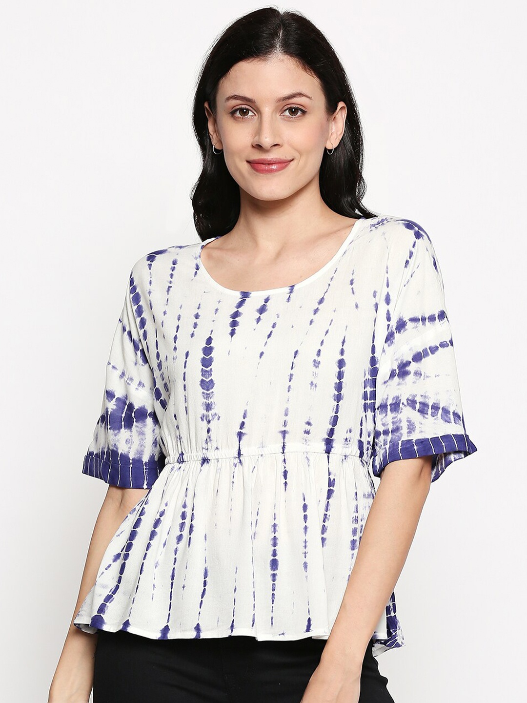 

People Blue & White Tie and Dye Peplum Top