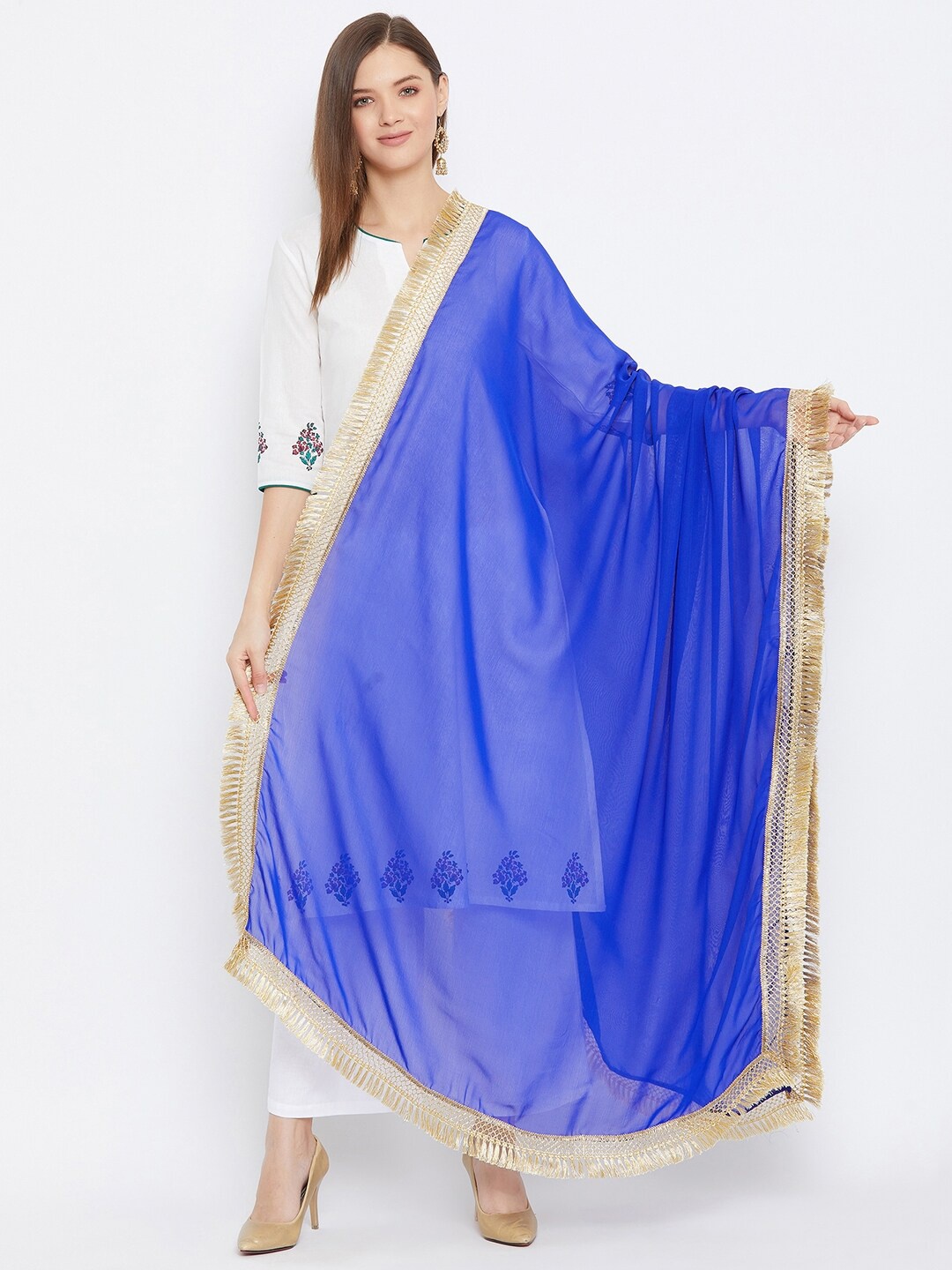 

Bitterlime Blue & Gold Coloured Woven Design Embellished Border Tassels Dupatta
