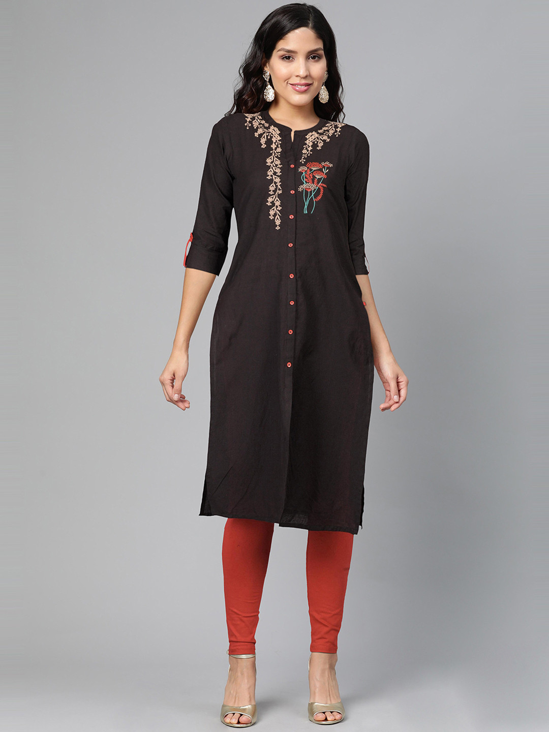 

FLAVIDO Women Black & Red Ethnic Motifs Embroidered Thread Work Kurta