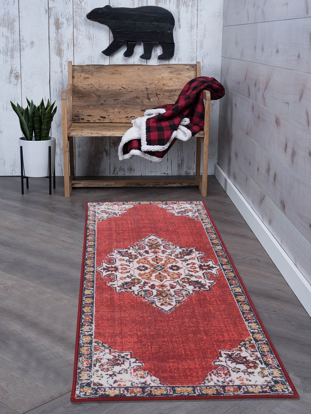 

RUGSMITH Red & Off-White Ethnic Motifs Printed Anti-Skid Rectangle Floor Runner