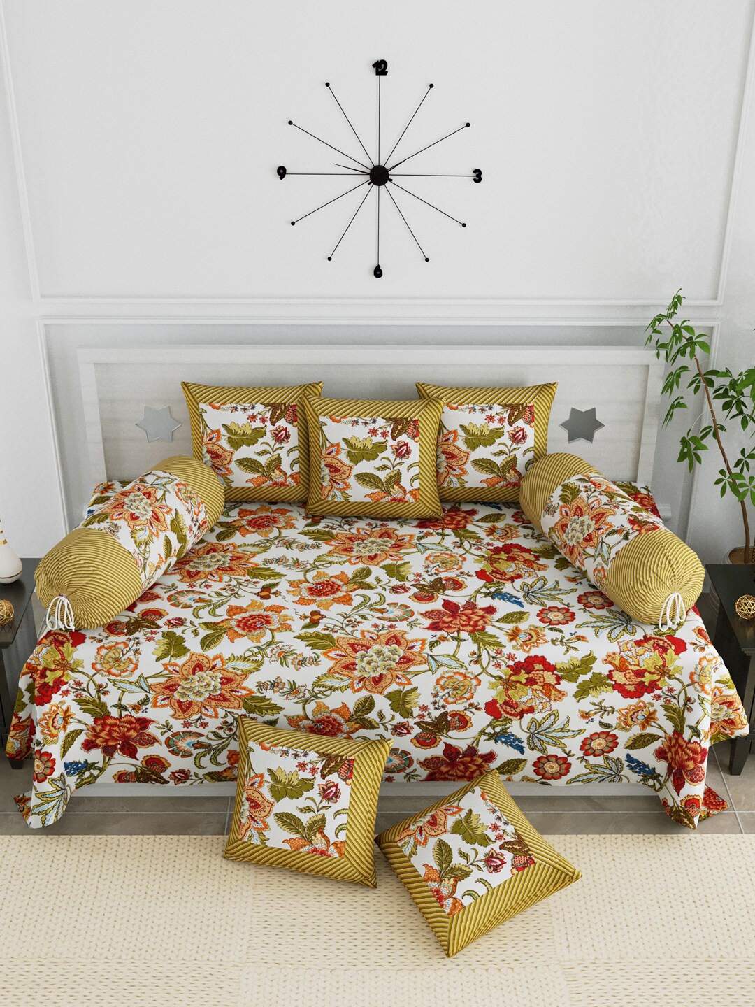 

LIVING ROOTS Set Of 8 White & Red Printed Cotton Diwan Set