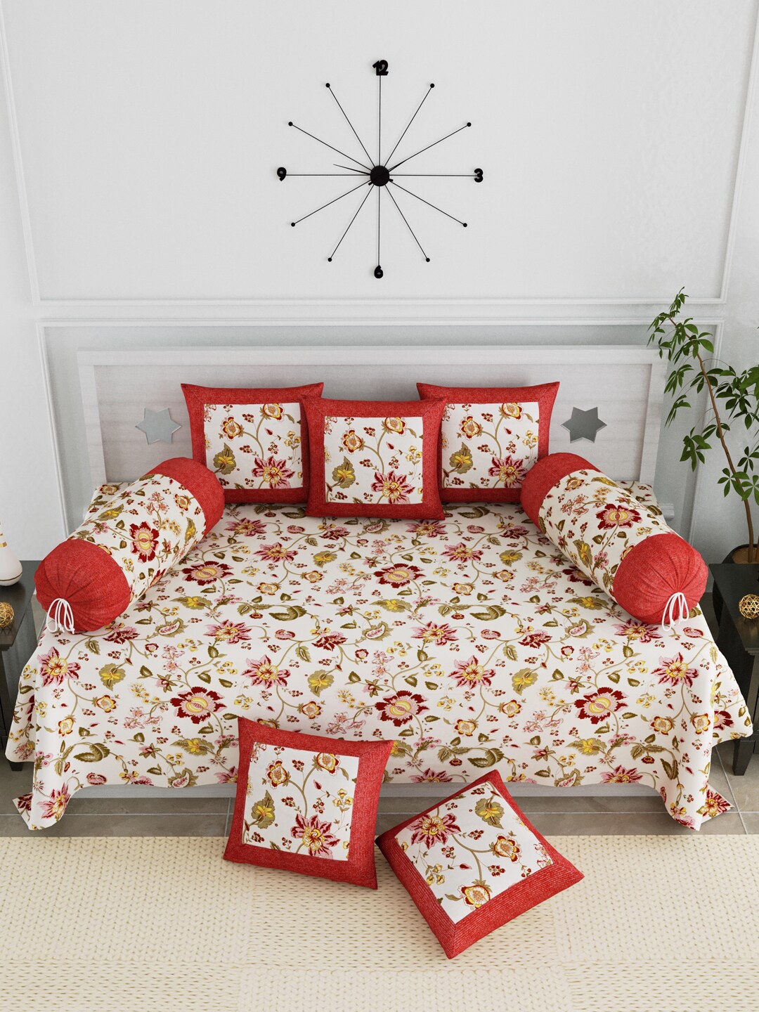 

LIVING ROOTS Set Of 8 Cream-Coloured & Pink Floral Printed Pure Cotton Diwan Set