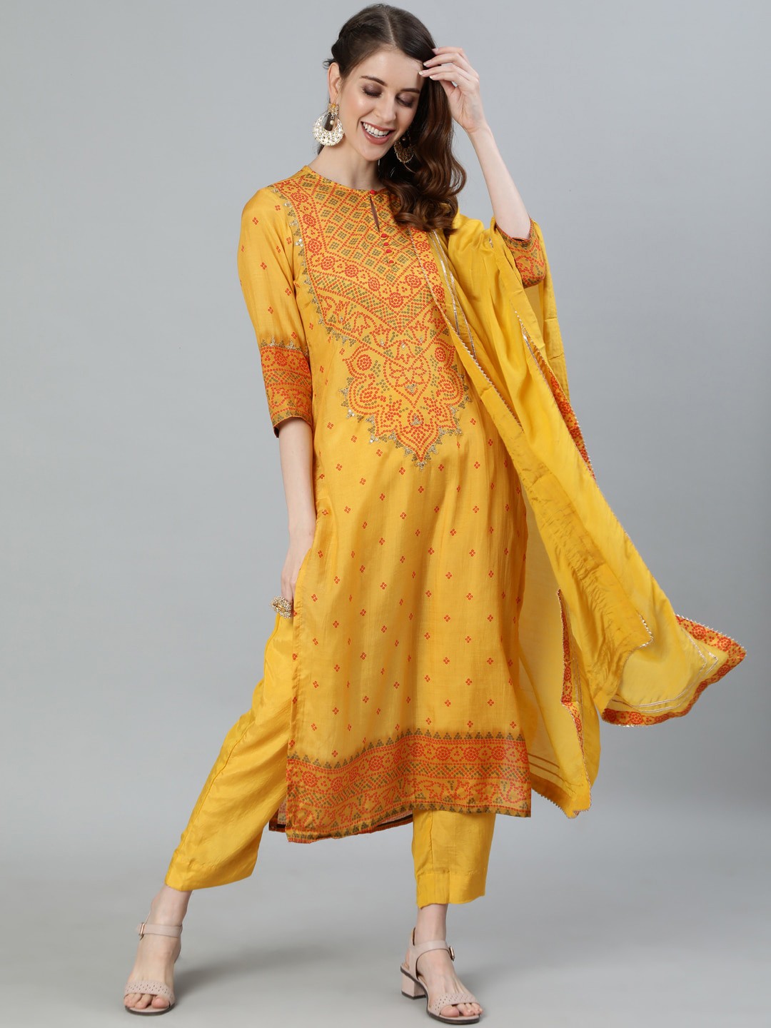 

Ishin Women Yellow Bandhani Printed Panelled Gotta Patti Pure Silk Kurta with Trousers & With Dupatta