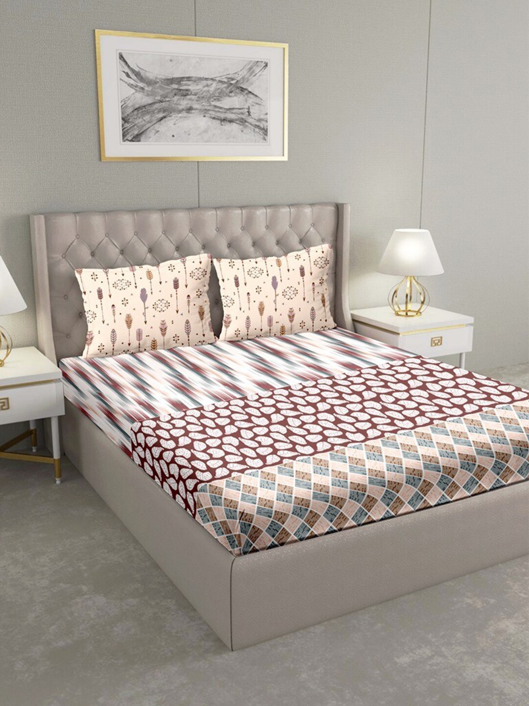 

BELLA CASA White & Brown Geometric 180 TC King Bedsheet with 2 Pillow Covers