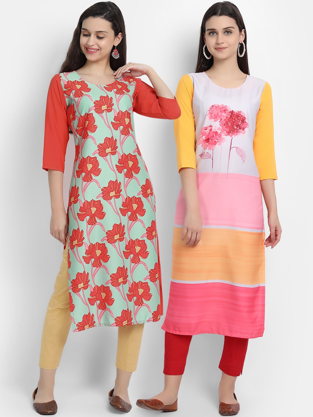 

Ethnic basket Women Pack of 2 Multicoloured Floral Digital Printed Crepe Kurta, Multi