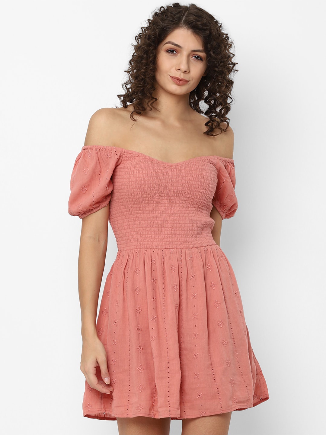 

AMERICAN EAGLE OUTFITTERS Pink Floral Embroidered Off-Shoulder Dress