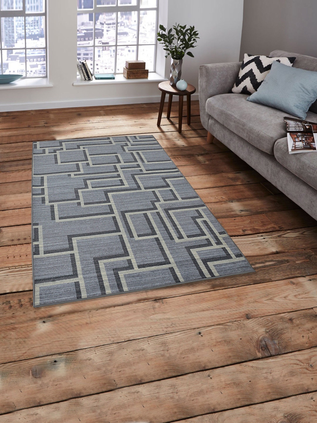 RUGSMITH Grey & Black Geometric Printed Anti-Skid Carpet