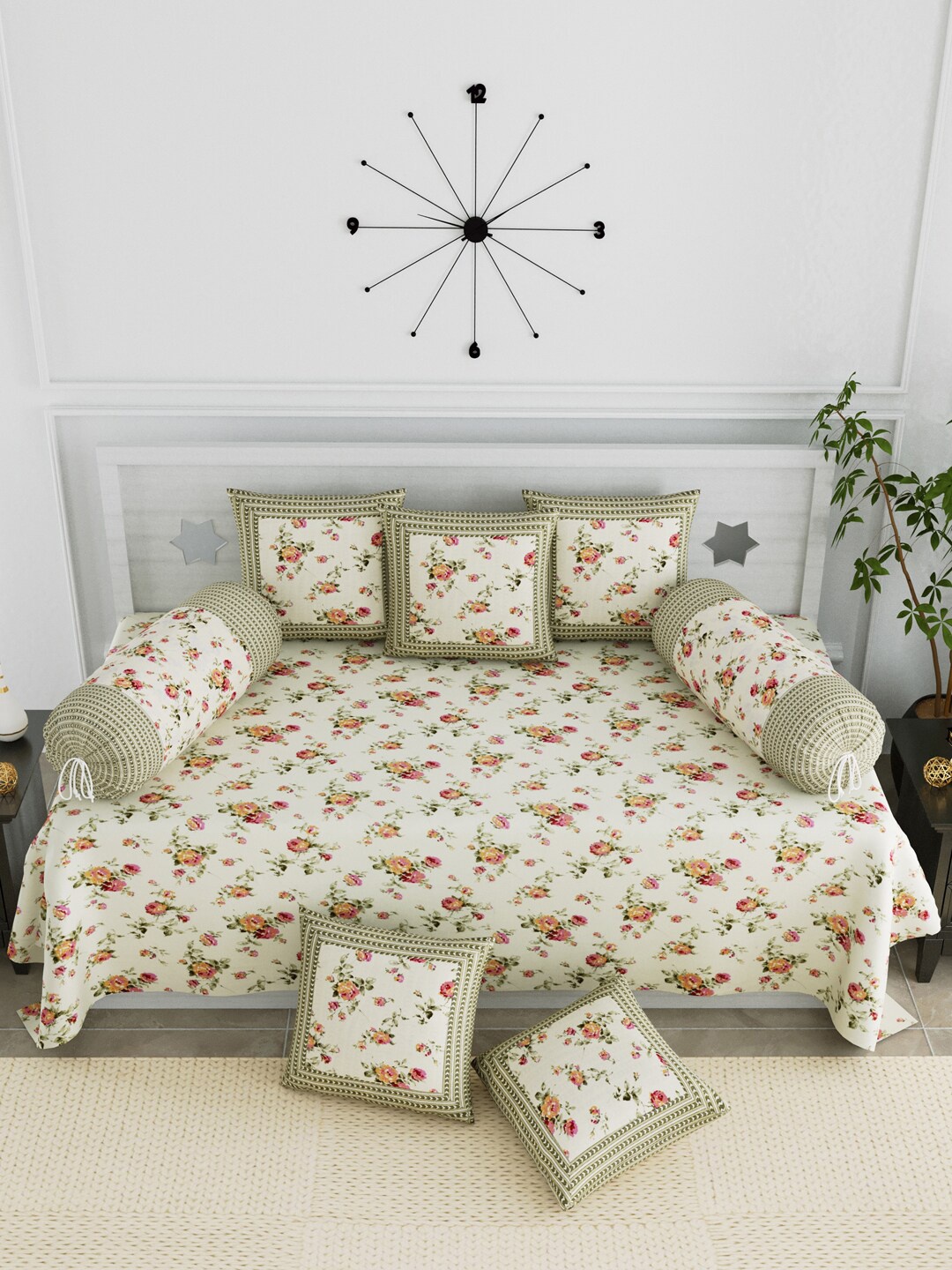 

LIVING ROOTS Set Of 8 Beige & Pink Floral Diwan Set With Bolsters & Cushions