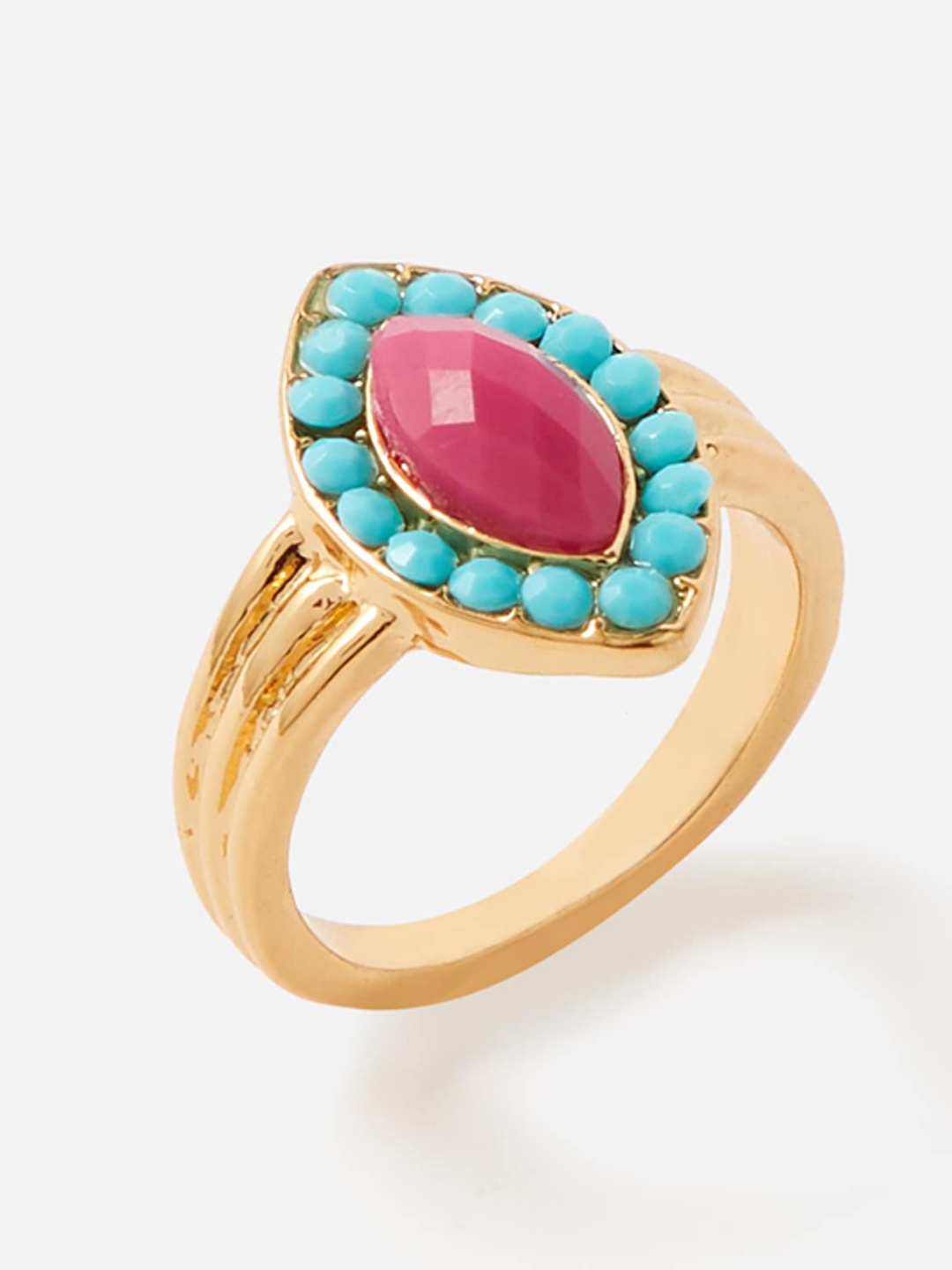 

Accessorize London Gold-Plated Pink & Turquoise Blue Beaded Navette Statement Finger Ring