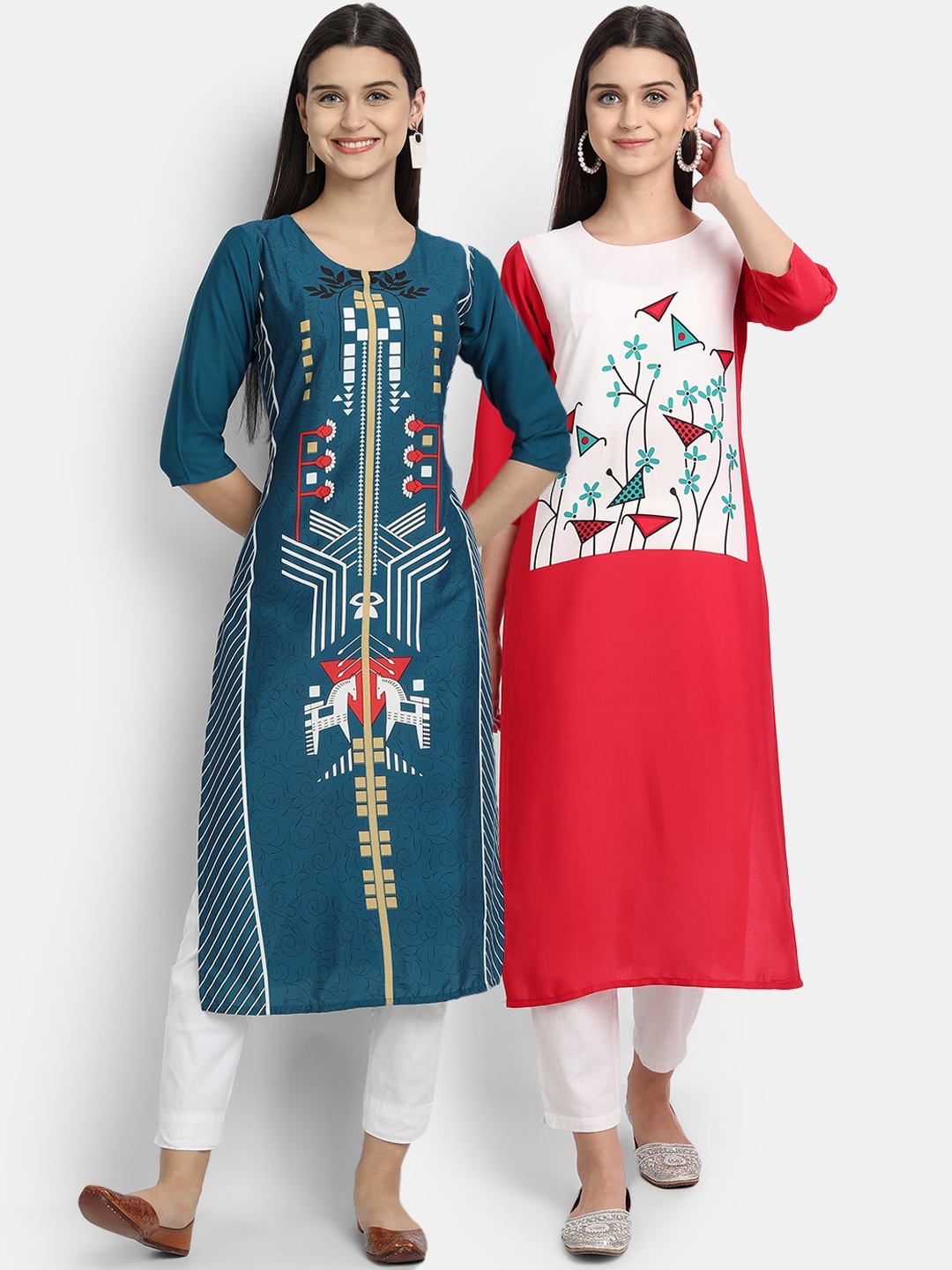 

Ethnic basket Women Multi Geometric Striped Flared Sleeves Gotta Patti Crepe Kurta