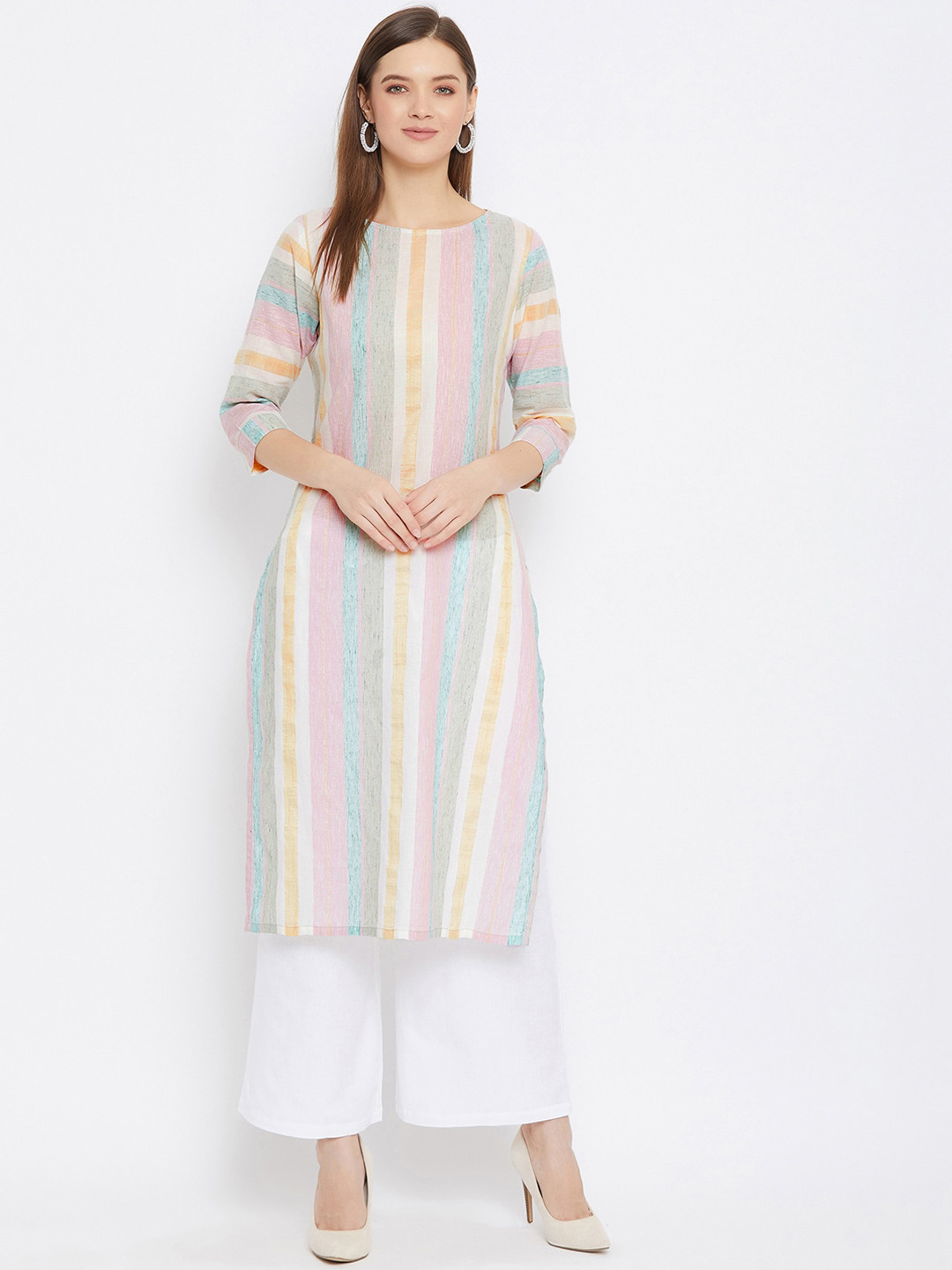 

Bitterlime Women White Ethnic Motifs Striped Panelled Kurta with Palazzos