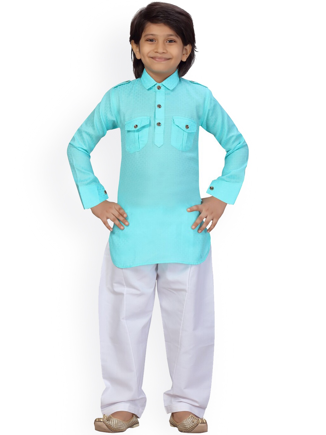 

LITTLE MAFIA BY Aarika Boys Turquoise Blue Pure Cotton Kurta with Pyjamas