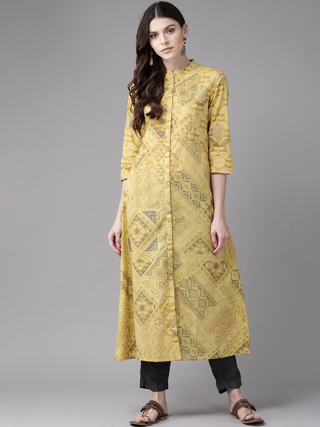

Indo Era Women Yellow Geometric Printed A-Line Kurta