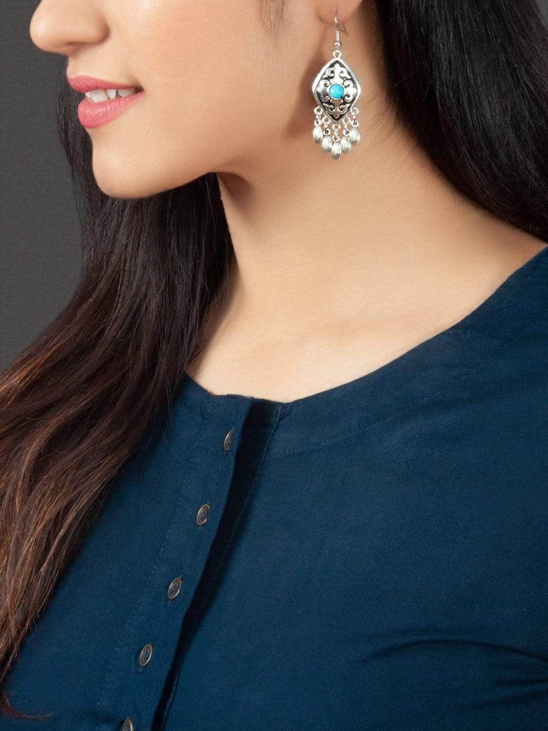 

Rubans Silver-Tone & Black Enamel Oxidised Classic Drop Earrings