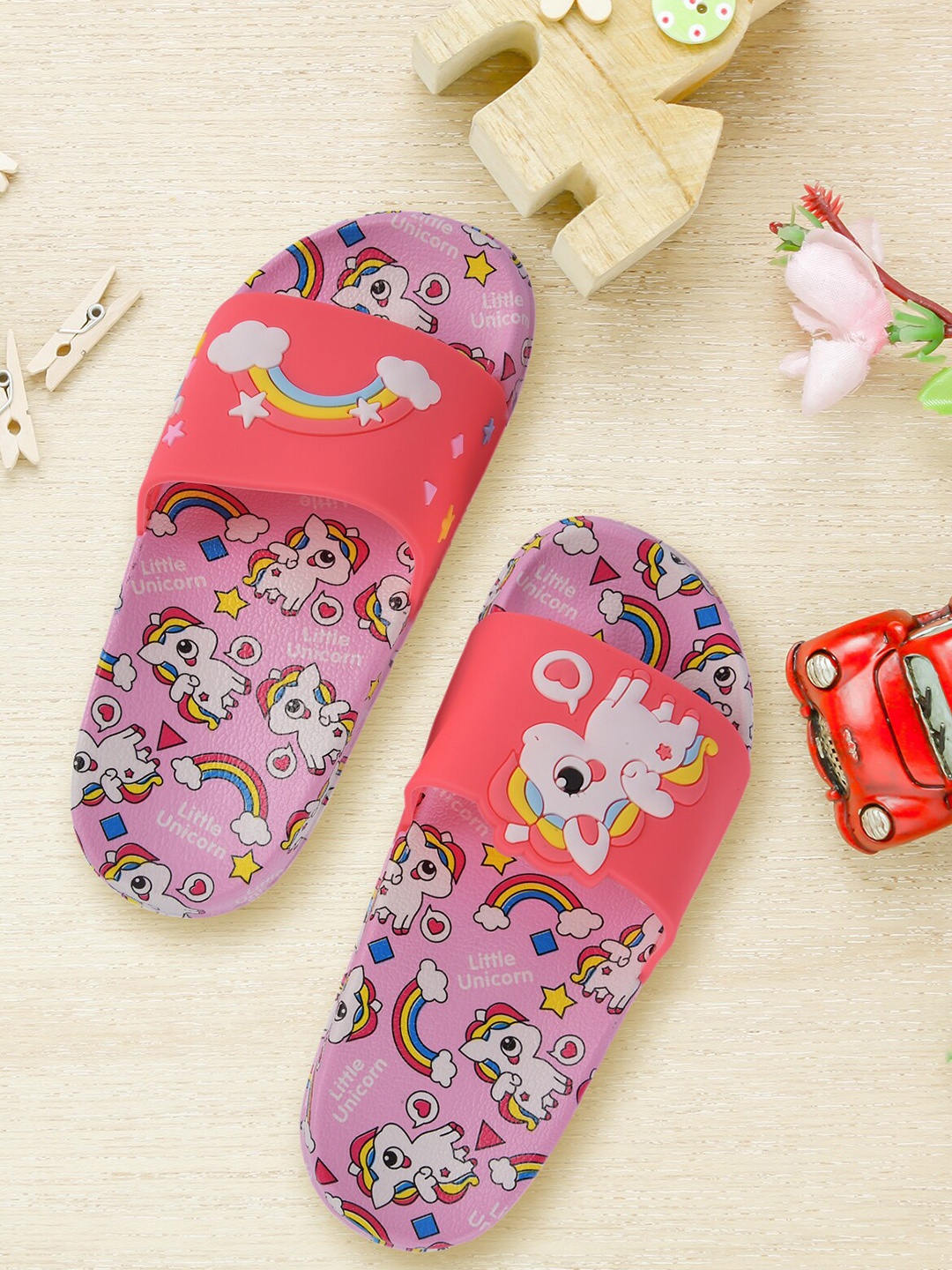 

Yellow Bee Girls Pink & Peach-Coloured Bee Unicorn and Rainbow Printed Rubber Sliders