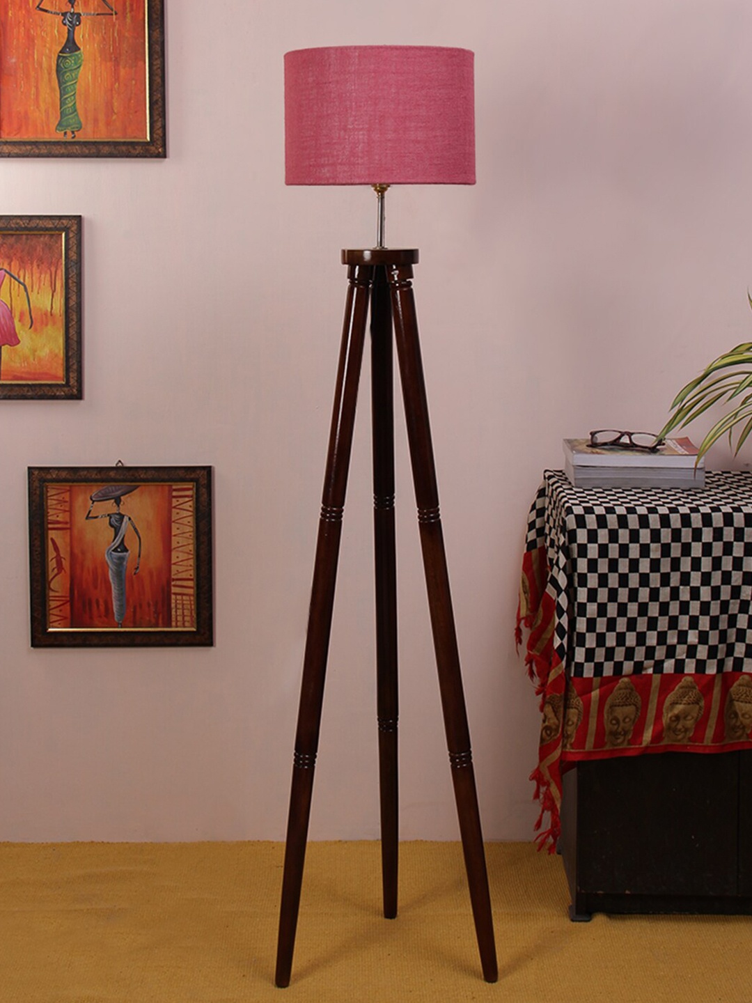Devansh Pink & Brown Contemporary Tripod Lamp with Shade