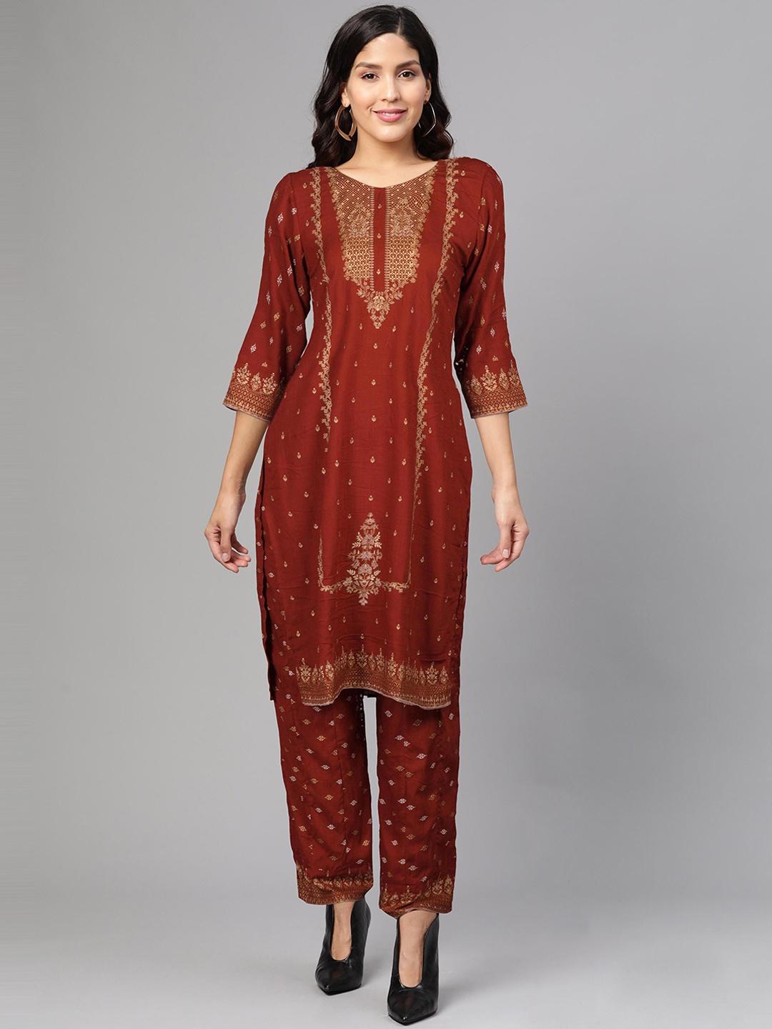 FLAVIDO Women Maroon & Gold-Toned Ethnic Motifs Printed Kurta