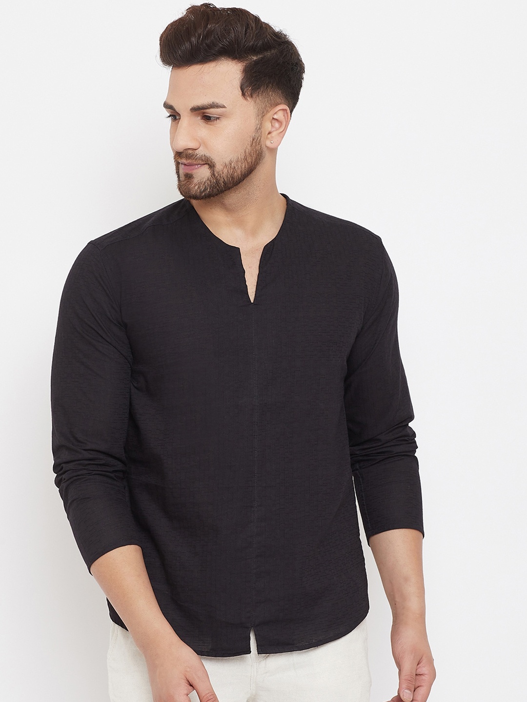 

even Men Black Striped Dobby Kurta