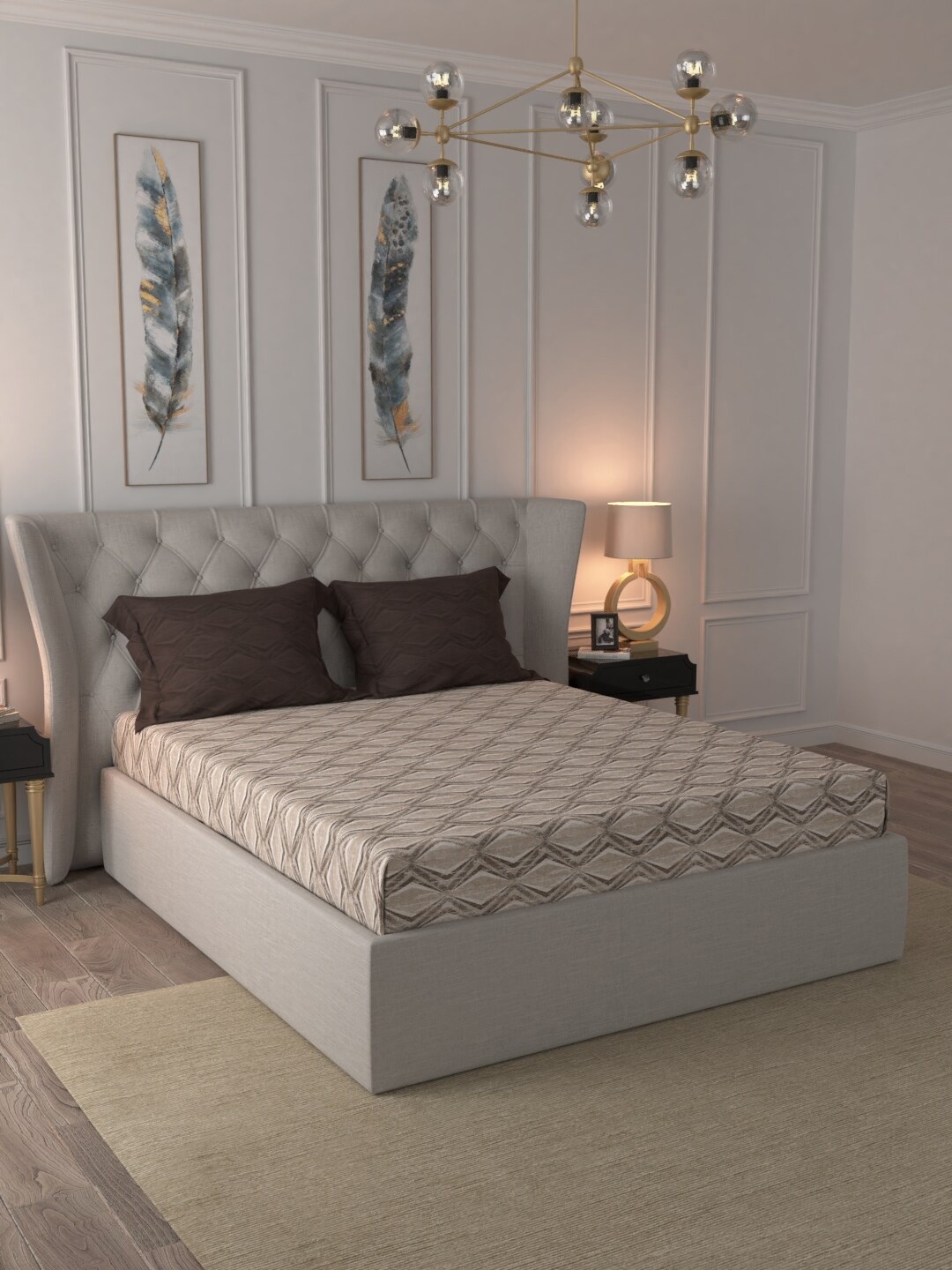 

MYTRIDENT Beige Brown Geometric 210 TC Cotton King Bedsheet with 2 Pillow Covers