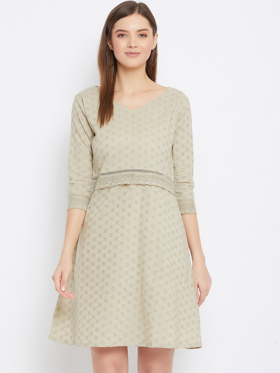 

Bitterlime Beige Schiffli Embroidered Dress