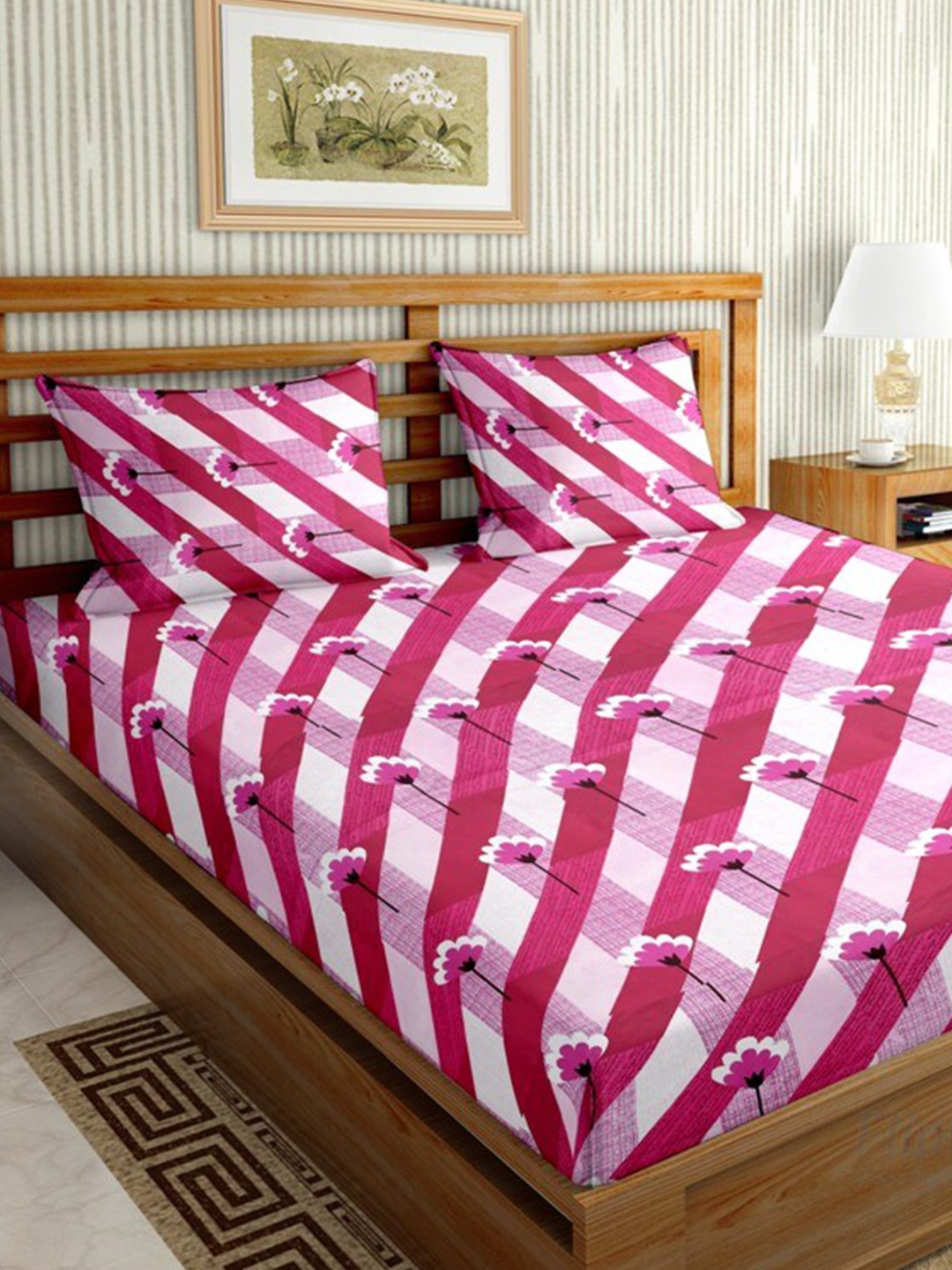 

BELLA CASA Pink & White Floral 144 TC King Bedsheet with 2 Pillow Covers