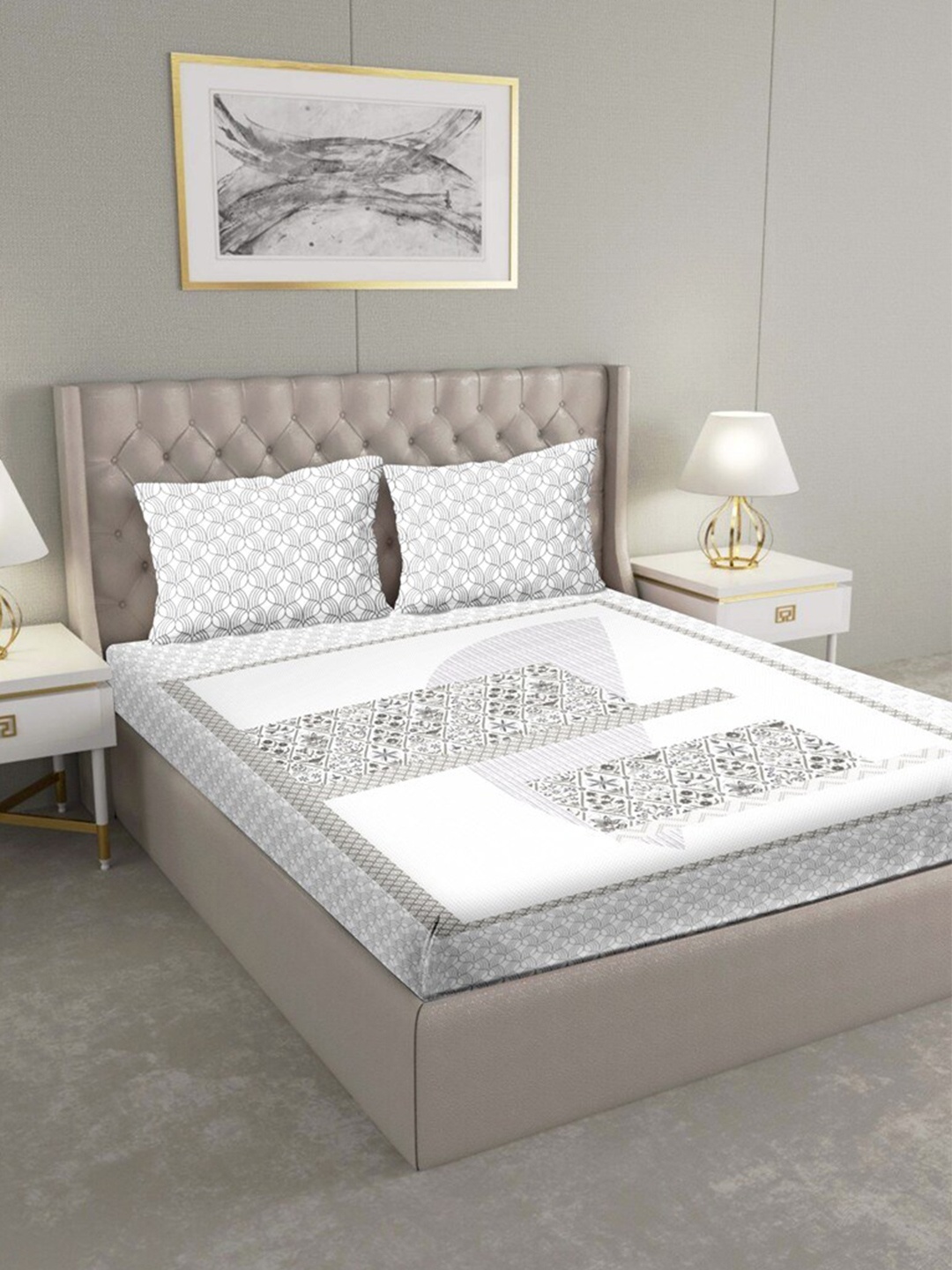 

BELLA CASA White & Grey Ethnic Motifs 180 TC King Bedsheet with 2 Pillow Covers