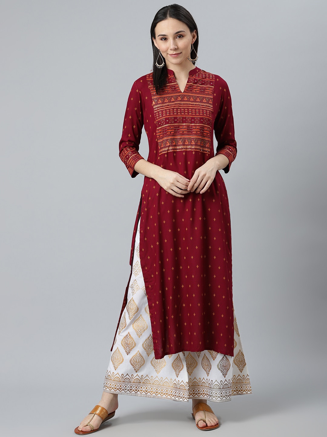 

Libas Women Maroon & Gold-Toned Ethnic Motifs Printed Mirror Work Kurta