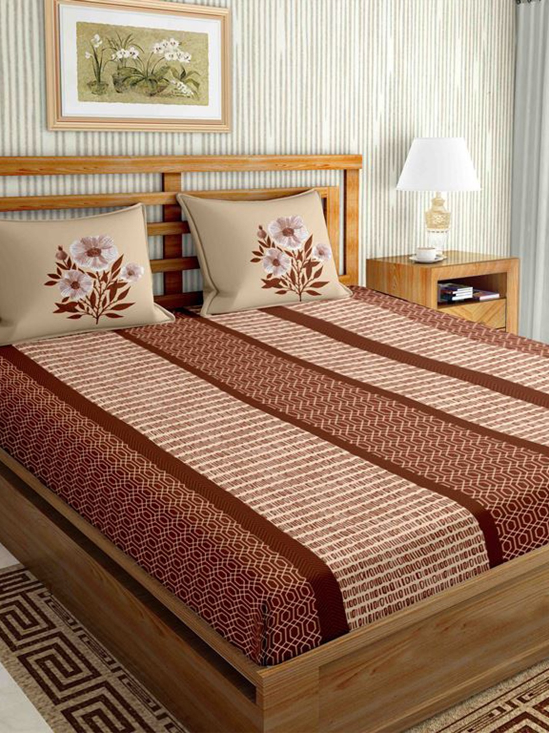 

BELLA CASA Brown Geometric 160 TC Cotton King Bedsheet with 2 Pillow Covers