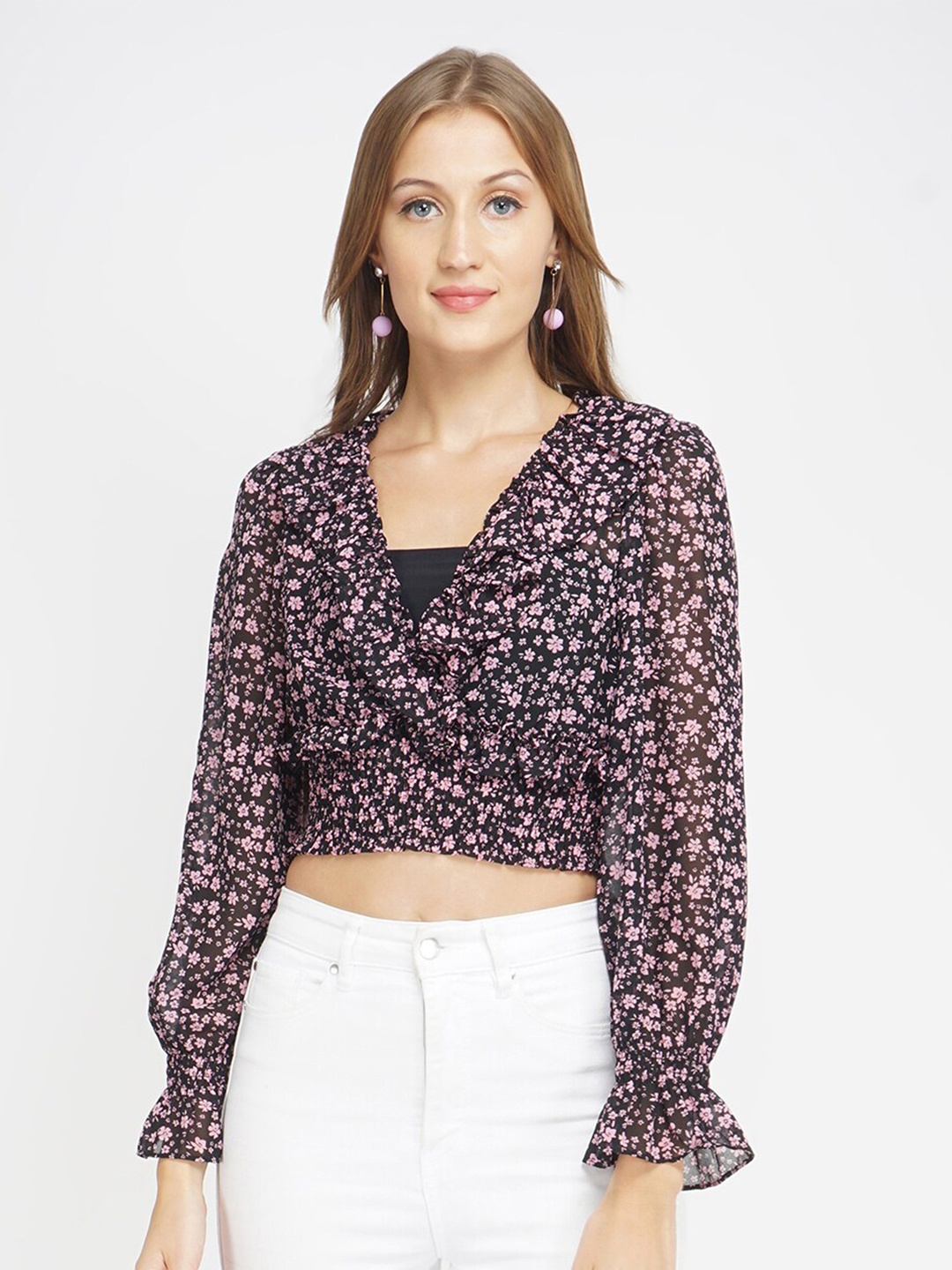 

Oxolloxo Women Purple Wrap Floral Cuffed sleeve Ruffle Embellished Crop Top