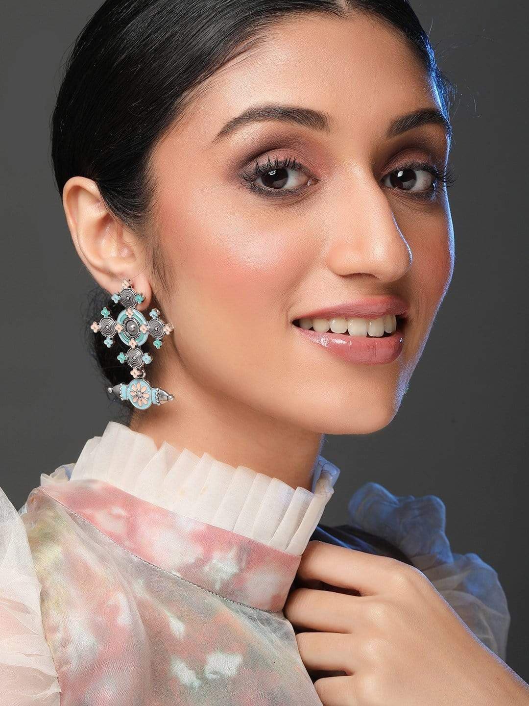 

Rubans Silver Classic Handpainted Floral Drop Earrings