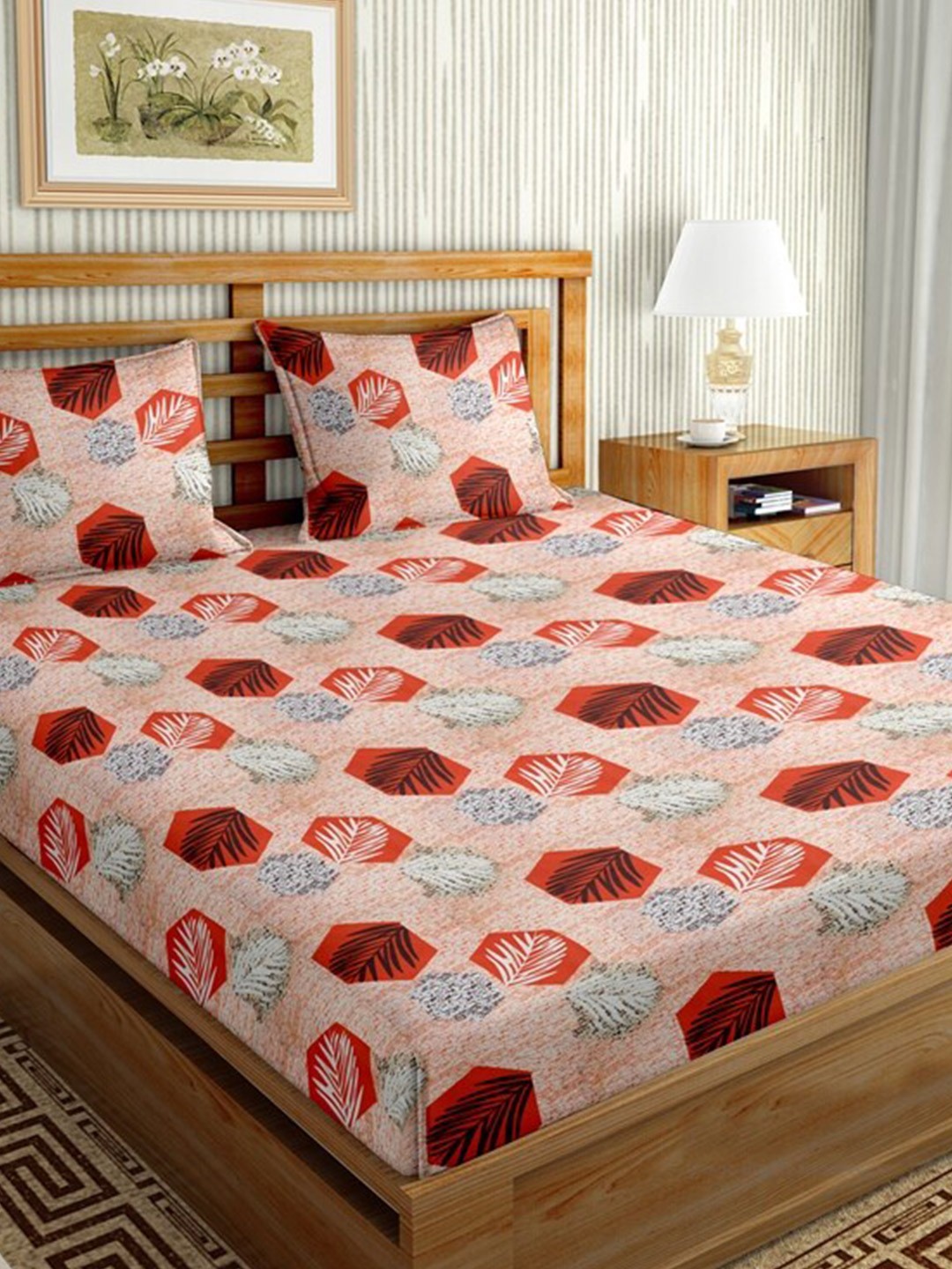 

BELLA CASA Peach & Red Geometric 144 TC King Bedsheet with 1 Pillow Covers