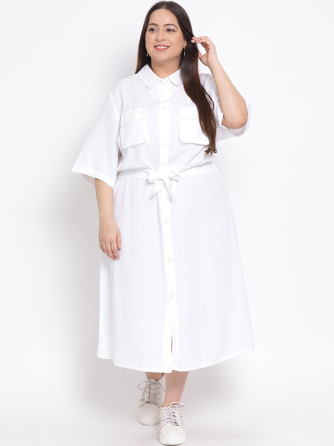 

Oxolloxo Women White Solid Midi Shirt Dress