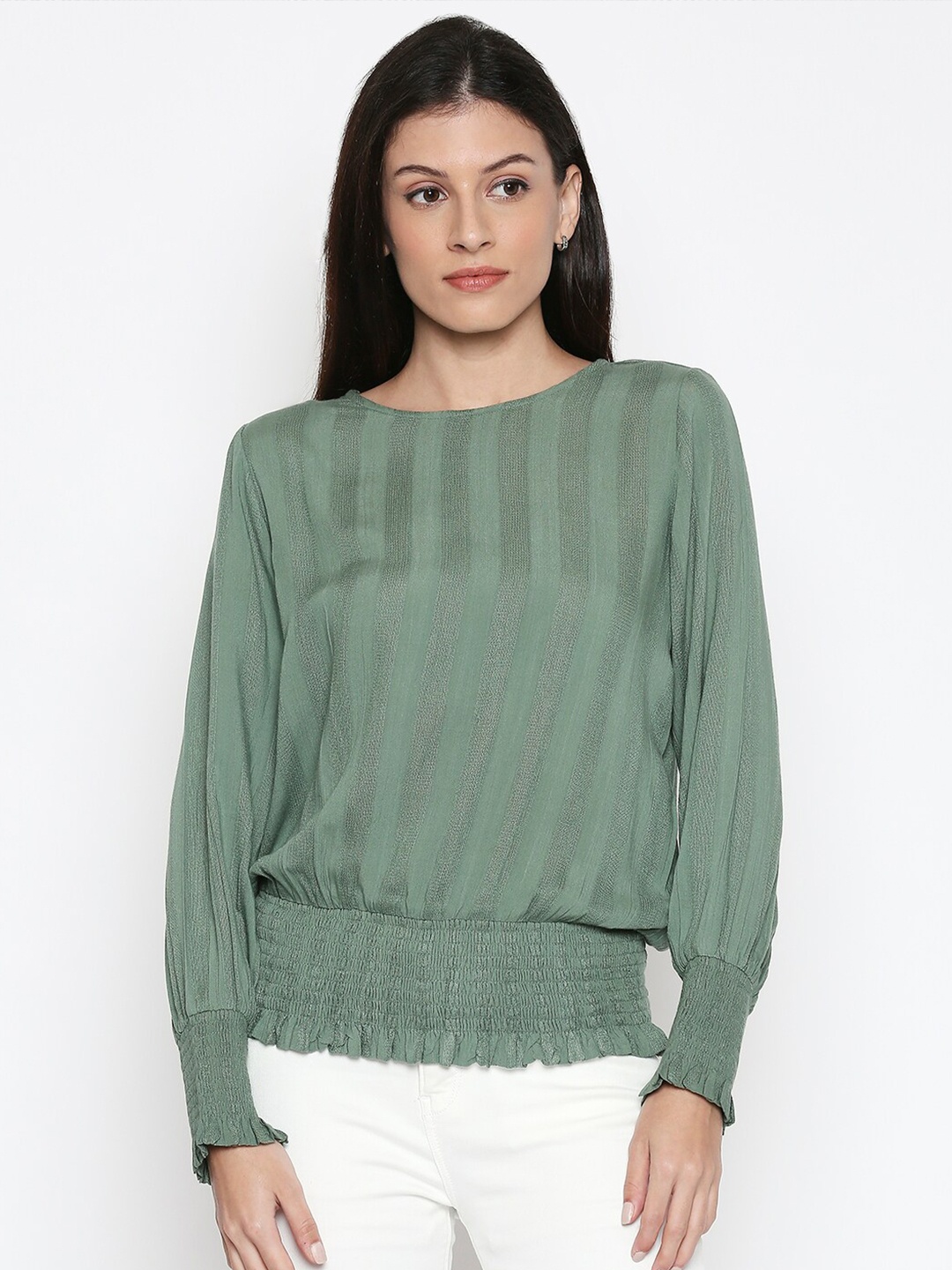 People Green Striped Blouson Top