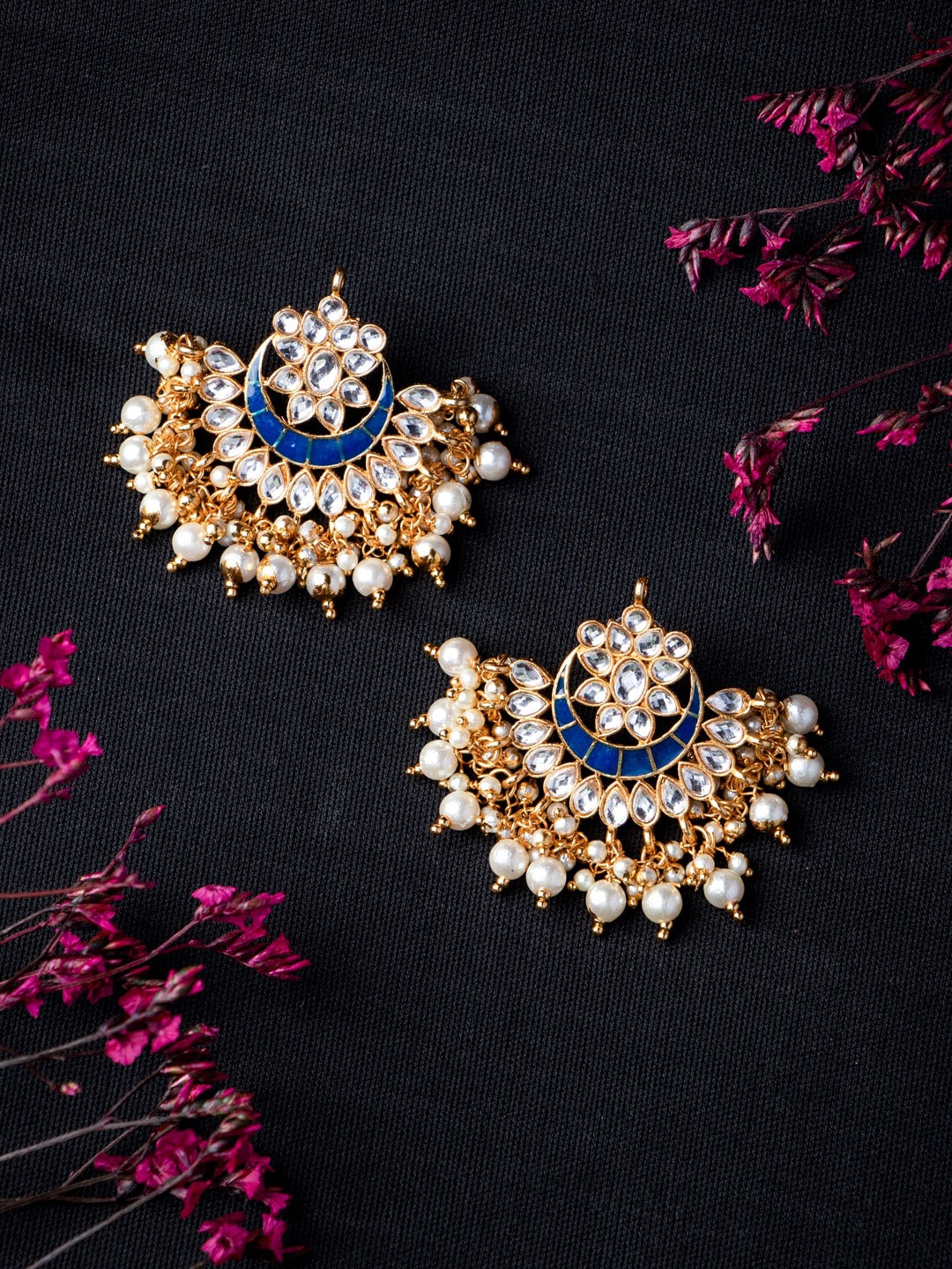 

MORKANTH JEWELLERY Navy Blue Gold Plated Kundan Studded Moon shaped Earrings