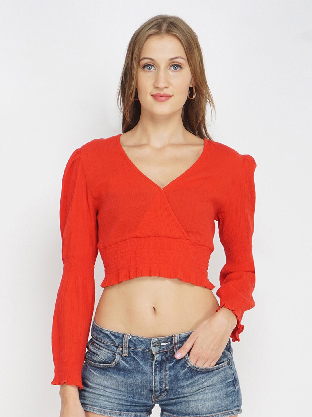 Oxolloxo Red Solid Cinched Waist Crop Top