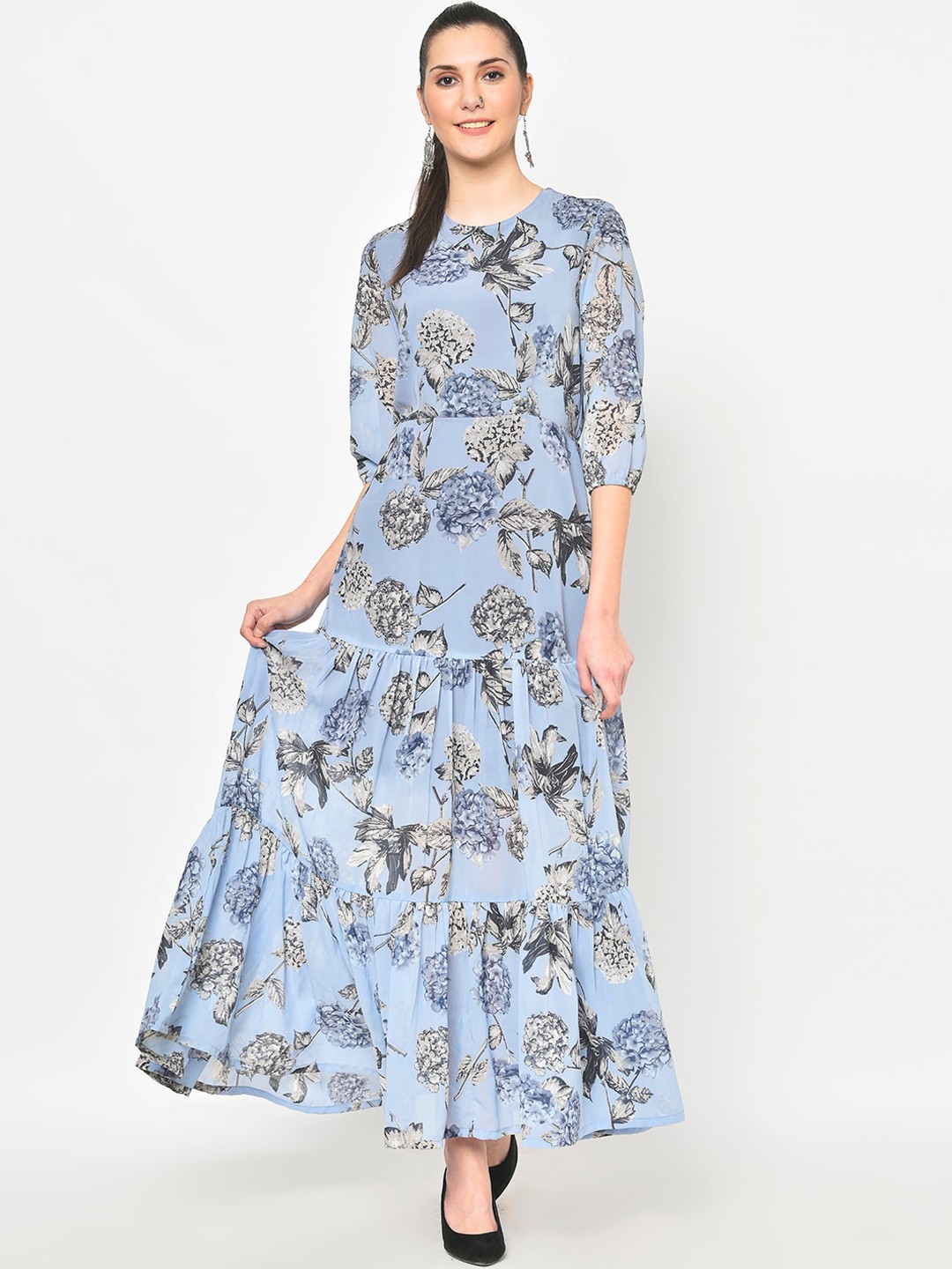 

DESI WOMANIYA Blue Floral Printed Georgette Tiered Maxi Dress
