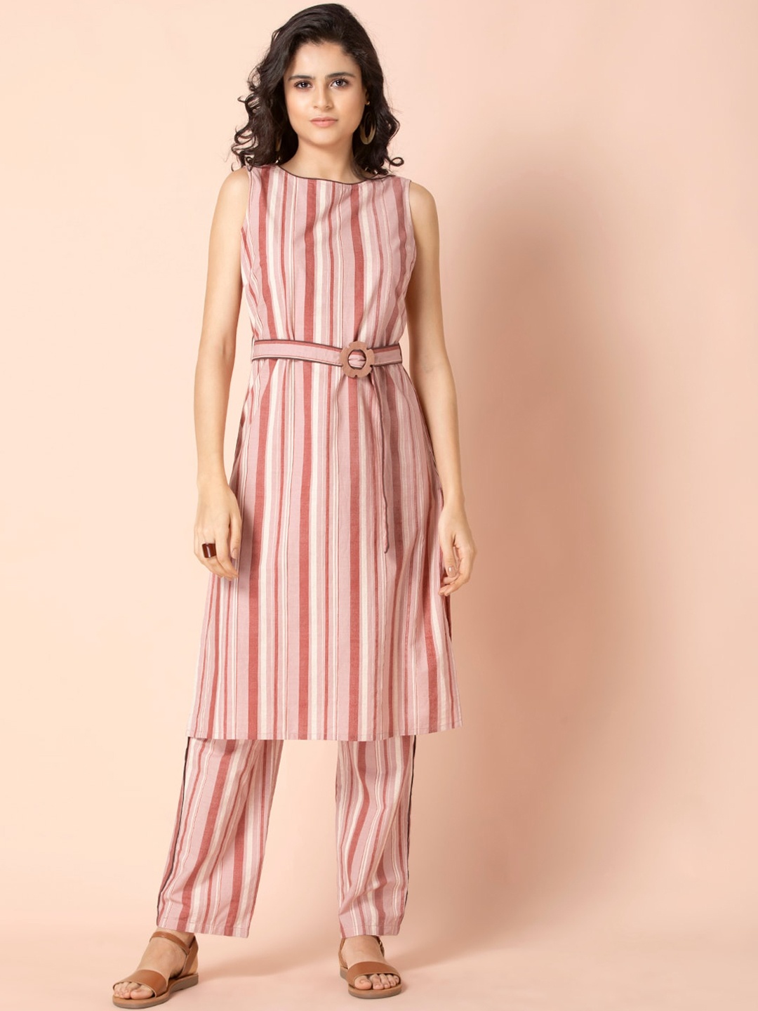 

Earthen BY INDYA Blush Striped Belted Kurta and Pants Set, Pink