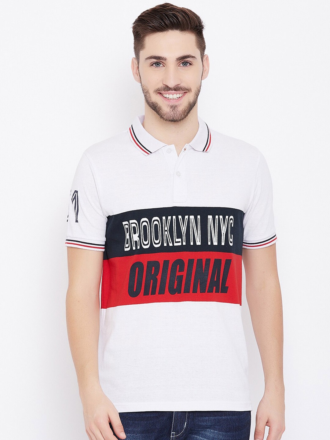 

Austin wood Men White Typography Colourblocked Polo Collar T shirt