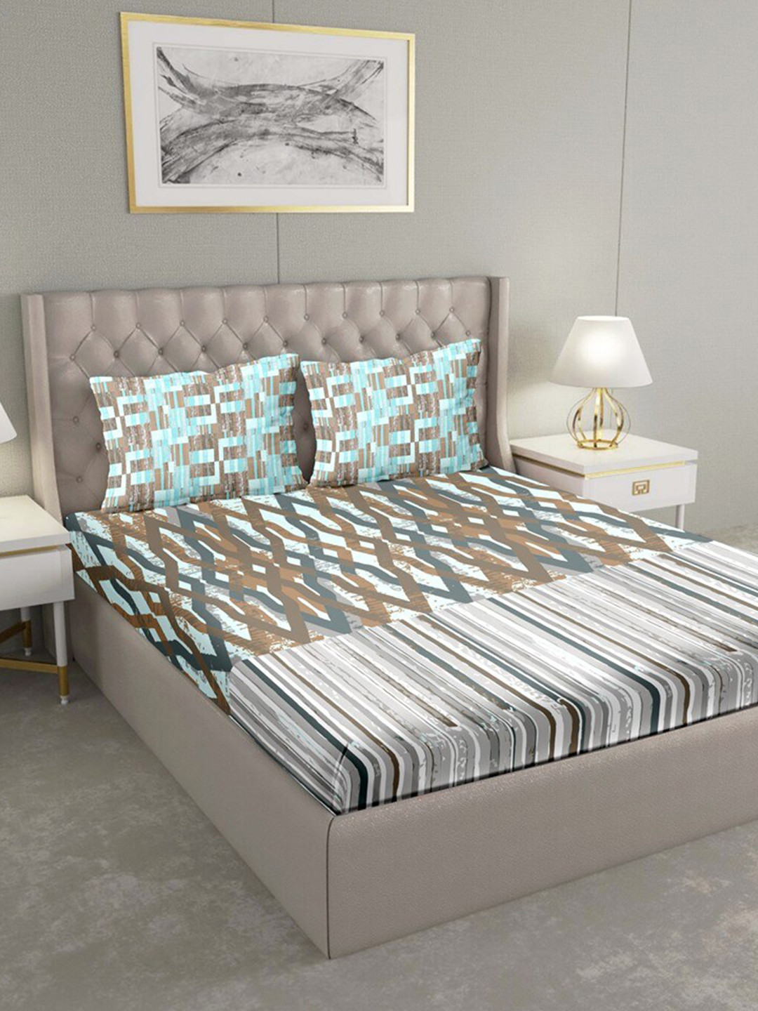 

BELLA CASA White & Brown Geometric 180 TC King Bedsheet with 2 Pillow Covers
