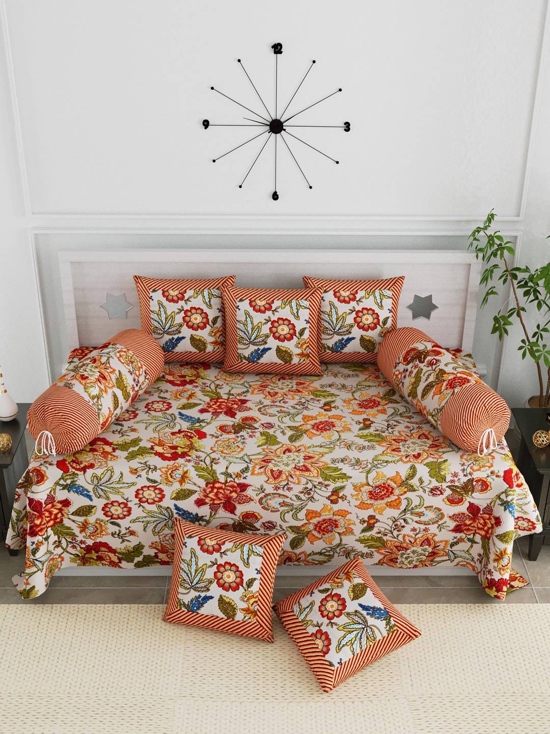 

LIVING ROOTS Set Of 8 Grey & Green Printed Cotton Diwan