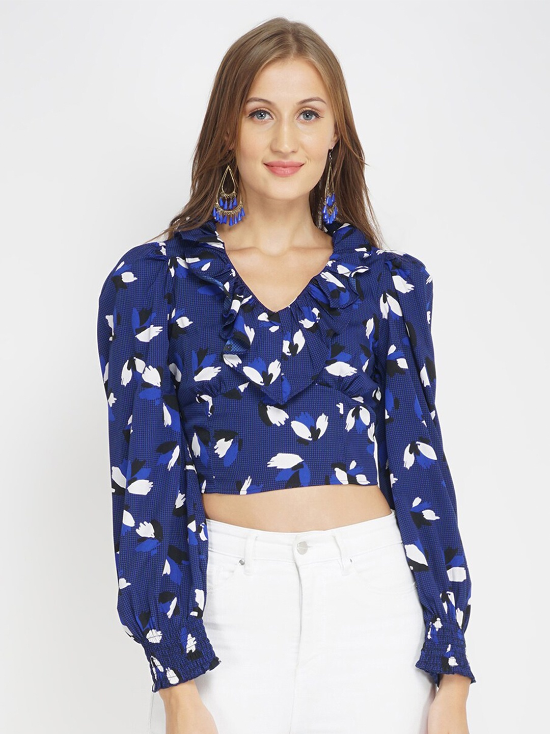 

Oxolloxo Women Navy Blue Ruffles Printed cuffed Sleeve Crop Top