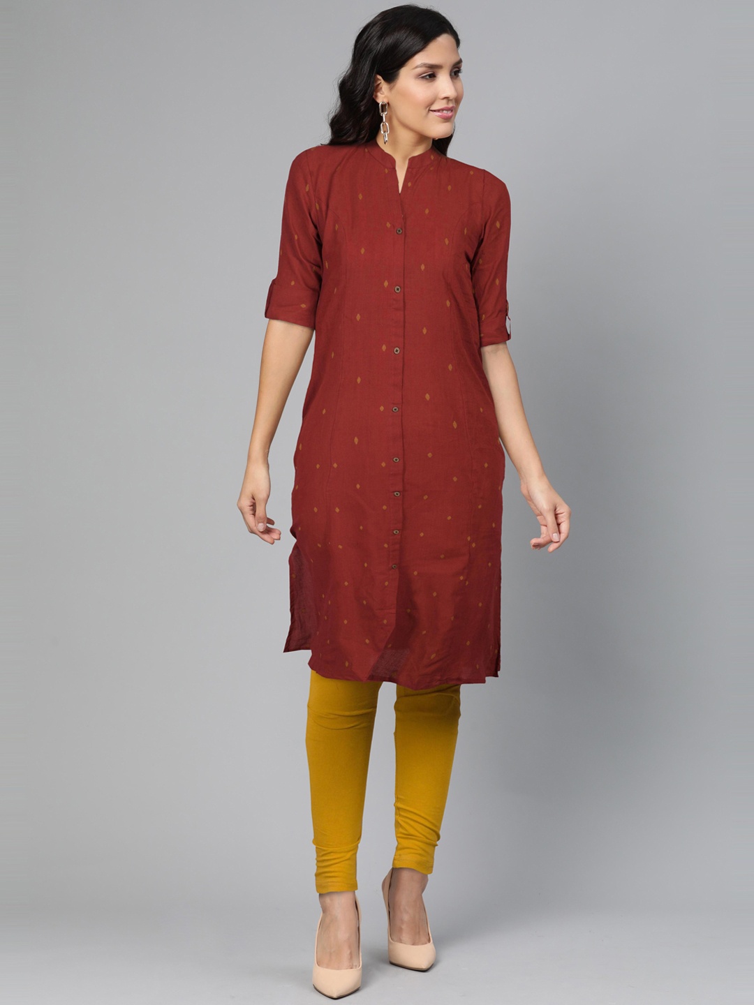 

FLAVIDO Women Maroon Geometric Thread Work Dobby Kurta